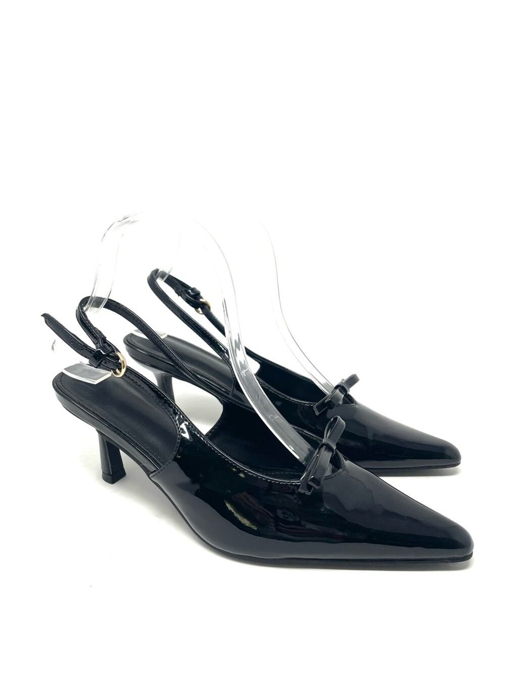 Shiny Black Slingback Kitten Heels w/ Bow, Pointed Toe Stilettos, Women's 6.5